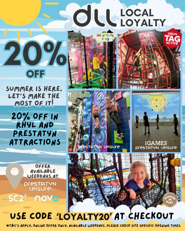 ⭐ Get 20% OFF weekday fun with code LOYALTY20 ⭐ Available at SC2, Nova and Prestatyn Leisure, so book now and make the most of it! 😃

*Online offer only, enter code at check-out, available weekdays only, check site specific opening times.